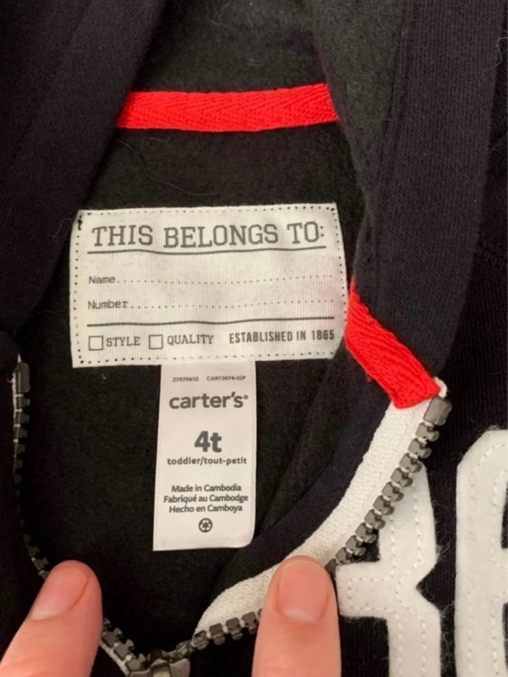 Carter's Black Zip Hoodie with White 